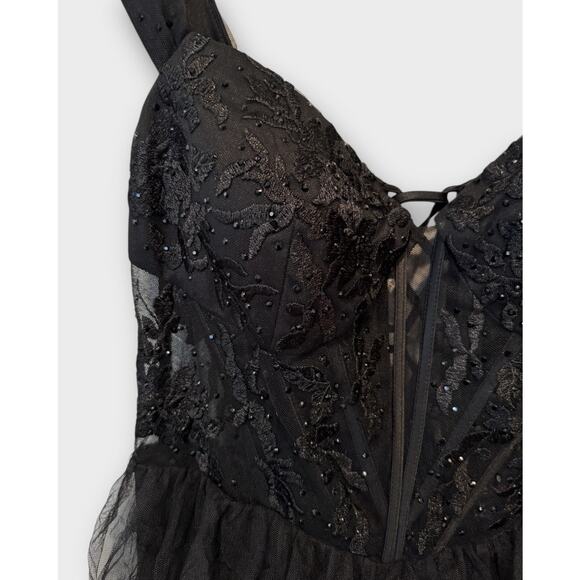 Blondie Nites "Charlotte" Long Mesh Off the Shoulder Ruffle Skirt Dress Size 13 - Picture 11 of 15